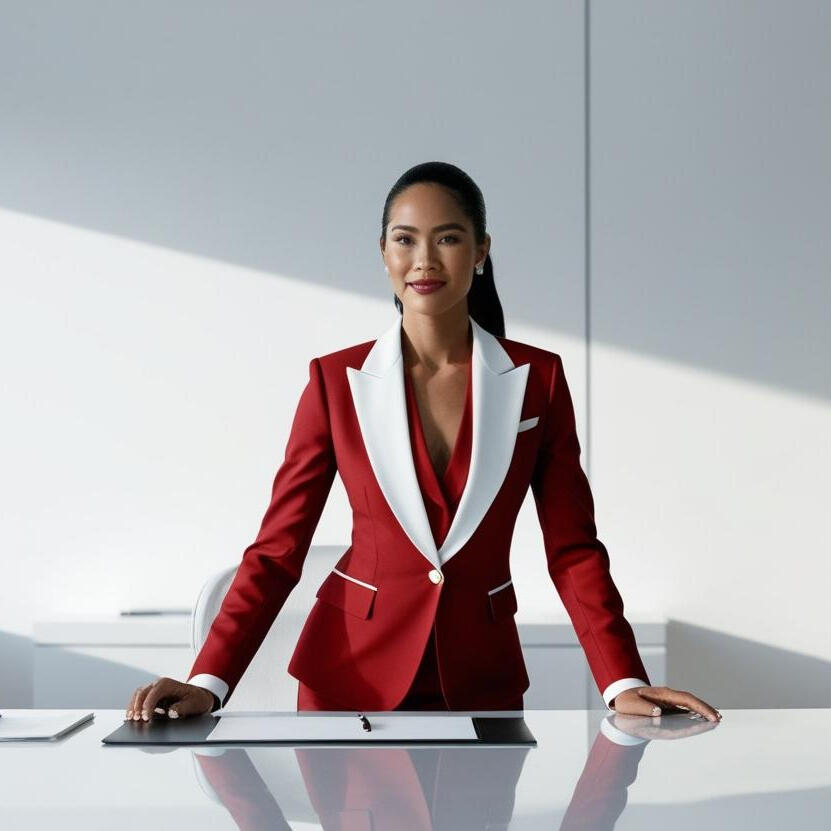 What We Do Woman in a red suit standing at a desk with a notepad